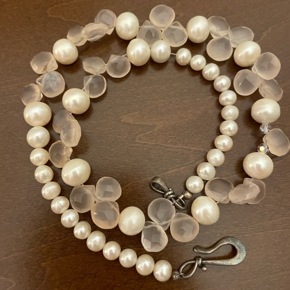 vintage real pearls and rose quartz statement necklace with sterling silver hook - Picture 2 of 7